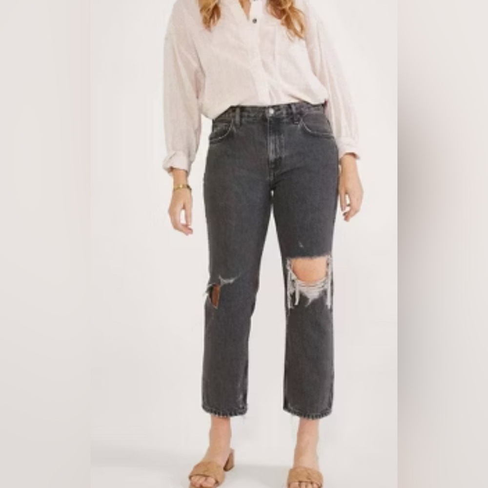 NWT ETICA Rhea Mid Rise Straight Black Leg Jeans Distressed Style